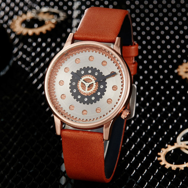 Fashion gear belt watch for men and women, featuring a unique design with stylish and adjustable gear-style strap.

