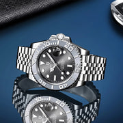 Fashion men's mechanical watch with luminous hands and rotatable bezel, blending classic design with modern functionality.
