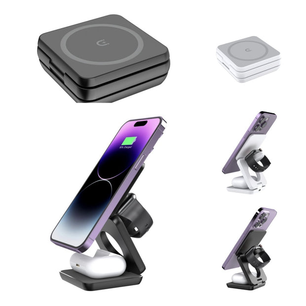 Folding three-in-one portable wireless charger with magnetic suction, compatible with multiple devices for convenient charging.
