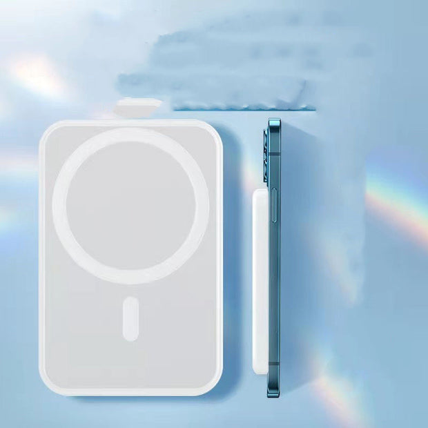 Magnetic wireless charger and portable power bank with 5000mAh capacity, convenient for on-the-go device charging.
