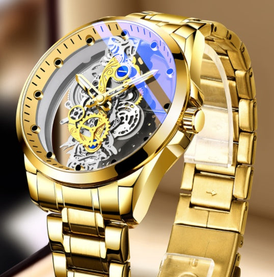 Men's gold skeleton automatic quartz watch, vintage-style luxury timepiece with visible movement, from a top watch brand.
