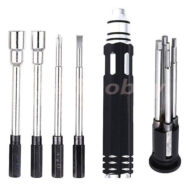 Multifunctional 8-in-1 hex screwdriver with interchangeable bits for versatile repair and assembly tasks.
