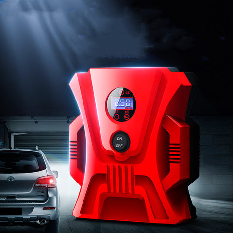 Portable electric 12V car air charger, compact device for inflating tires and other inflatables on the go.
