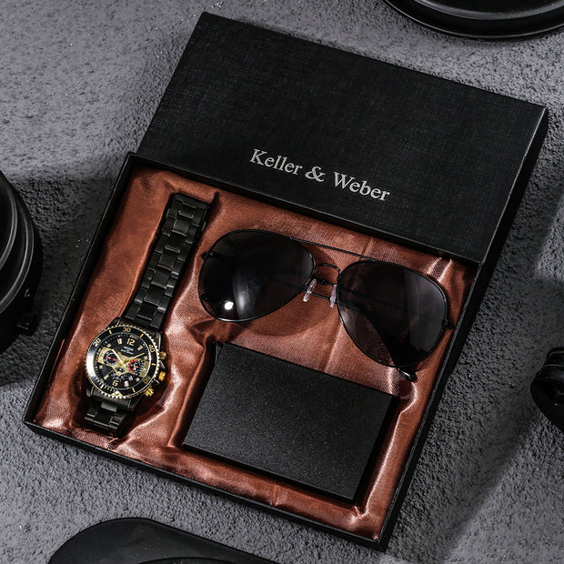 Men's quartz watch and sunglasses set, a stylish accessory combo for everyday and formal wear.
