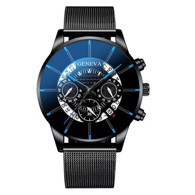 Men's watch with three-eye dial and built-in calendar, combining style and functionality.
